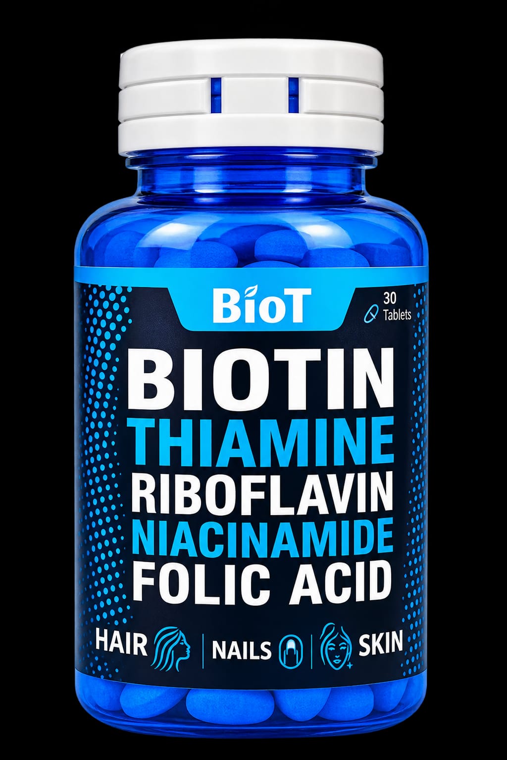Biotin, bottle of 30 tablets